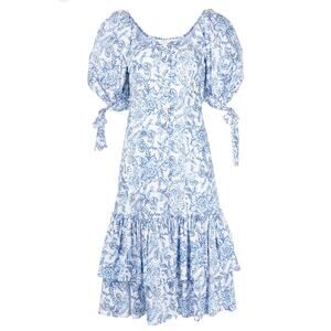 Caroline Constas Nella Blue Floral Puff Sleeve Mini Dress Square Neck Size S